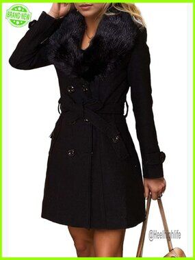 Faux Fur Trench Coat Double Breasted Belted Wool Blend Long Winter Dress Coat